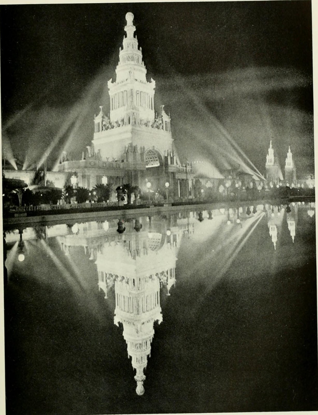 The Tower of Jewels at night, reflected