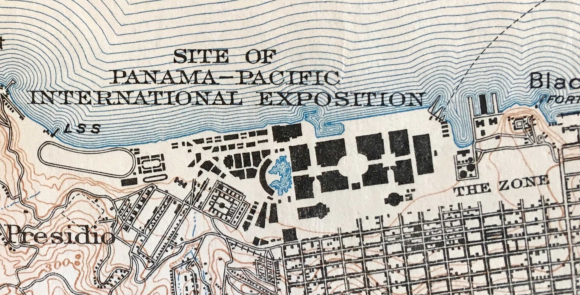 A 1915 map of the Exposition. The Presidio and the state and foreign buildings are at the left, the main group of palaces in…