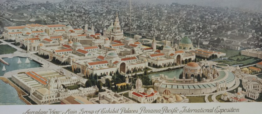 The main group from the air. The Palace of Fine Arts is at the left, the Tower of Jewels at the center, and the Palace of…