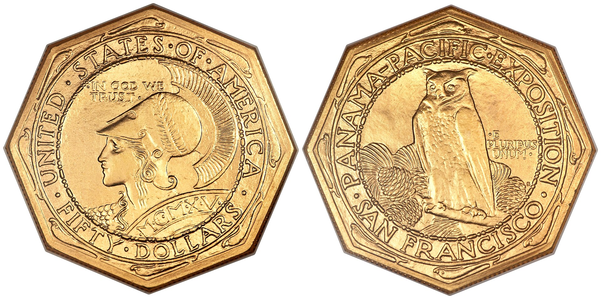 The octagonal Panama-Pacific $50 gold piece, struck at San Francisco in 1915