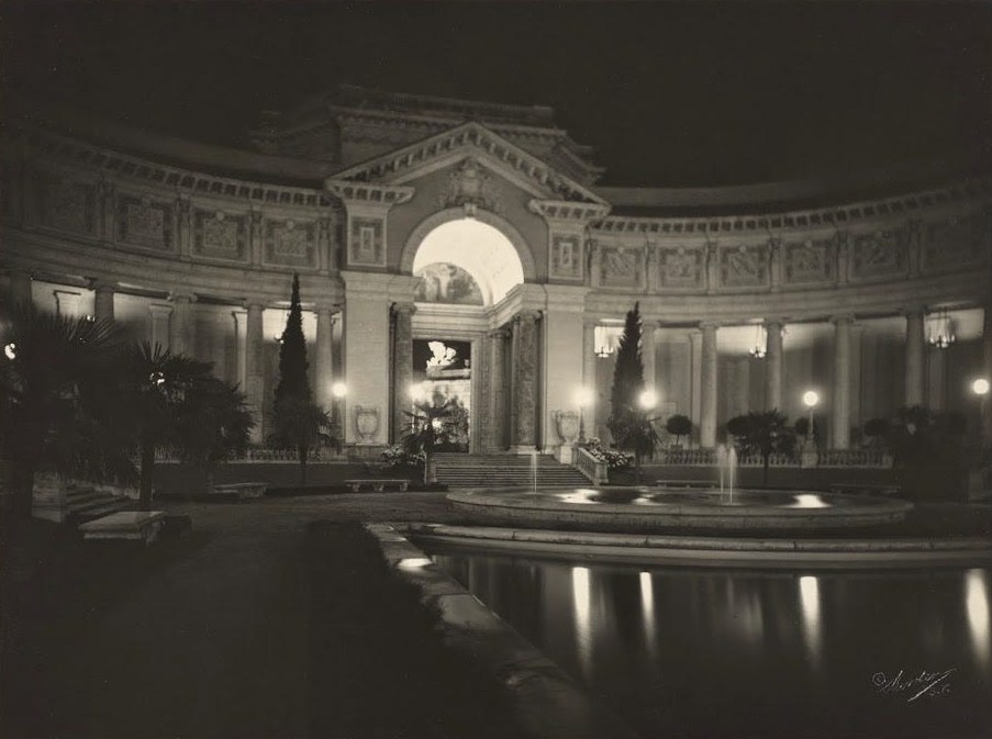 The Court of Palms at night, lit by concealed sources
