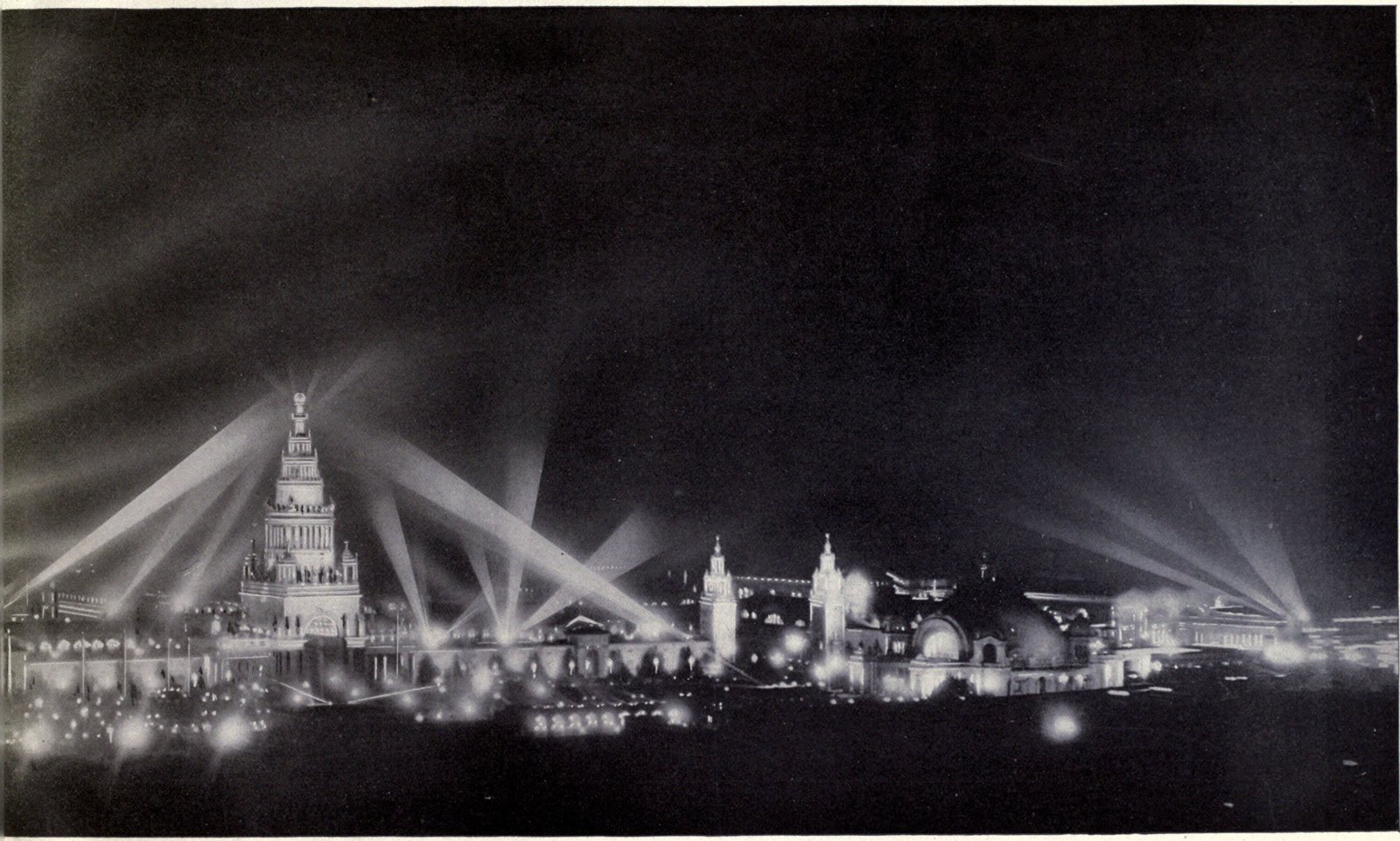 The main group of exhibit palaces at night
