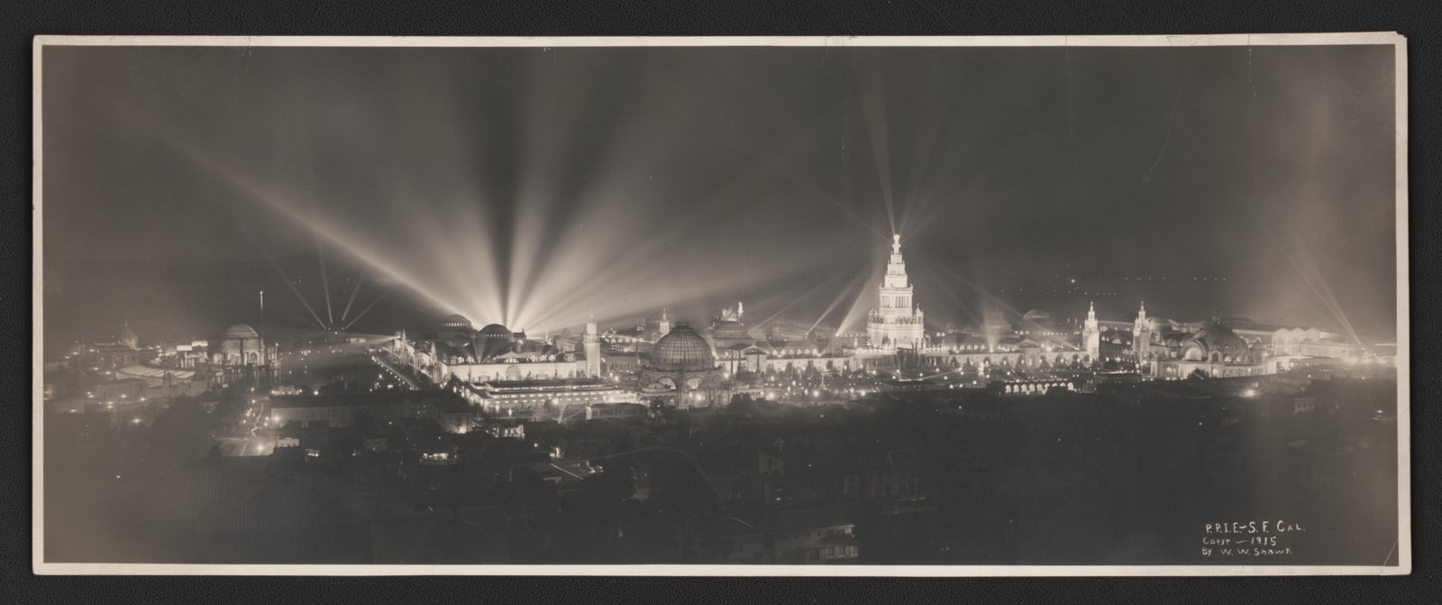 Night view of Panama-Pacific International Exposition grounds, San Francisco, California