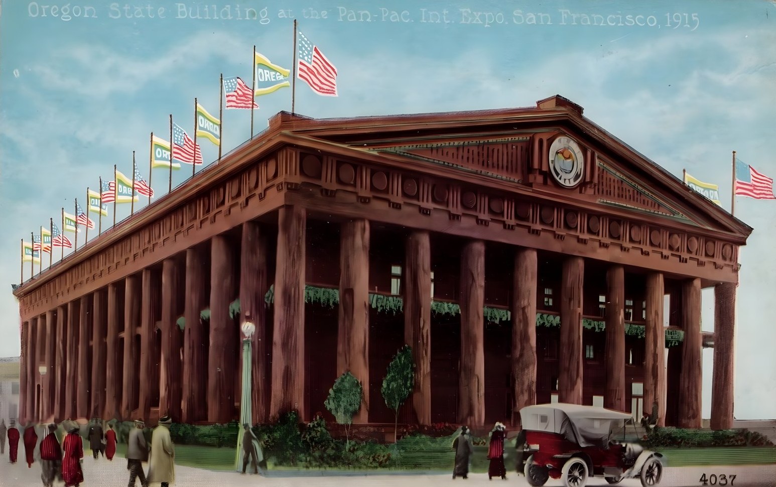 The Oregon Building's colonnade of fir logs, postcard