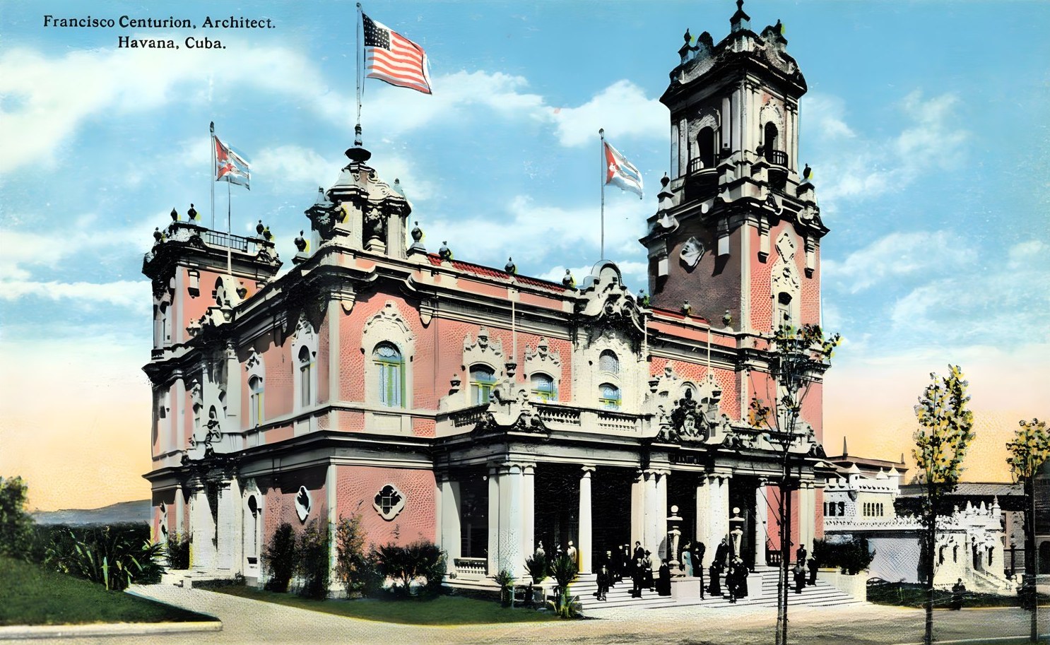 Tinted postcard of Francisco Centurión's rendering of the Cuban Pavilion