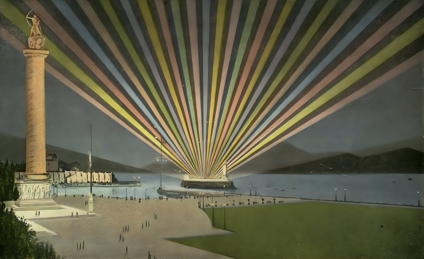The Scintillator's beams over the exposition, on a period postcard