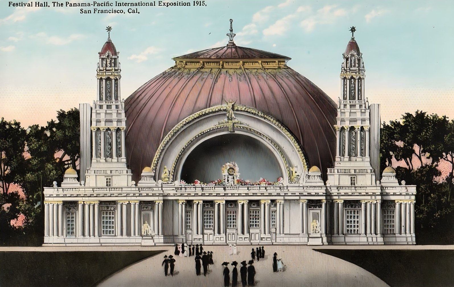 Festival Hall on a colorized postcard, 1915