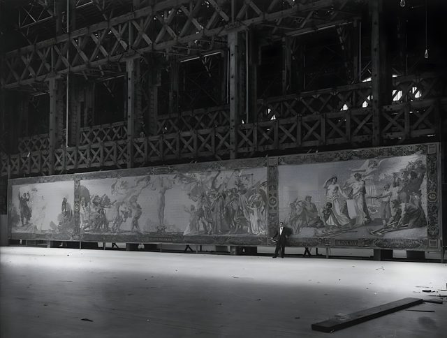 William de Leftwich Dodge with half of his mural for the Tower of Jewels