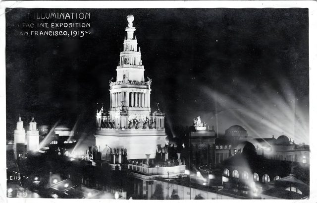 The Tower of Jewels lit at night, on a postcard