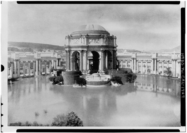 The Palace of Fine Arts from the east, a Blue Book view copied by the Historic American Buildings Survey