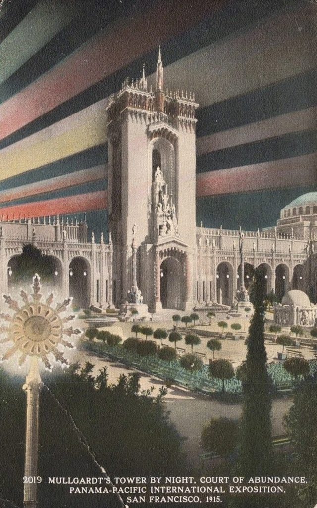 Louis Christian Mullgardt's Tower of Ages, Court of Abundance, by night, on a postcard
