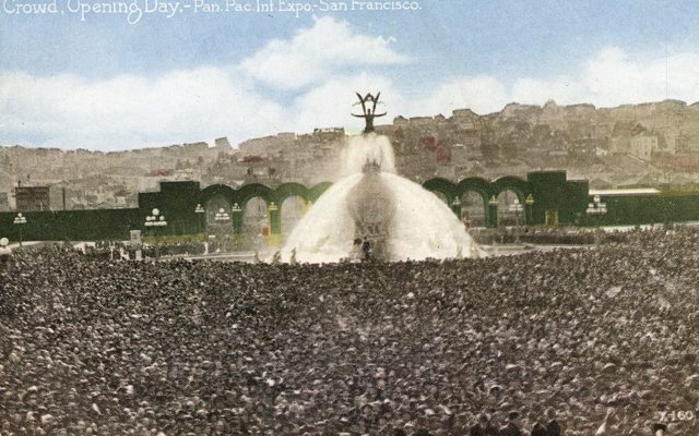 The opening-day crowd around the Fountain of Energy in the South Gardens, looking south toward the Scott Street entrance