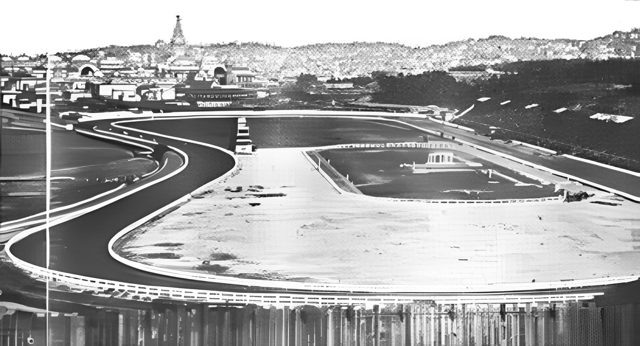 Overhead view of the racetrack with the athletic and polo fields