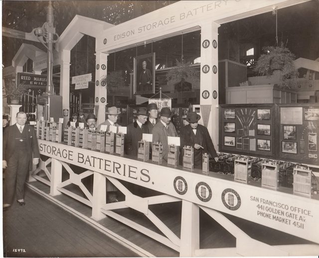 Thomas Edison (right), Henry Ford (fourth from right) and others at the Edison storage battery display