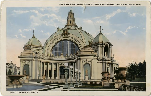 Festival Hall on a postcard sent from the United States to Træna, Norway