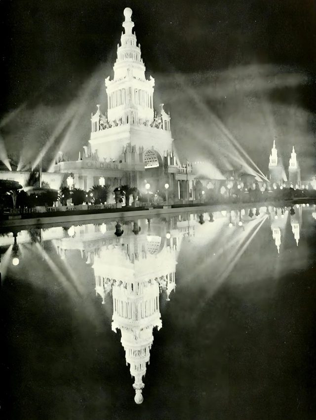 The Tower of Jewels at night, reflected