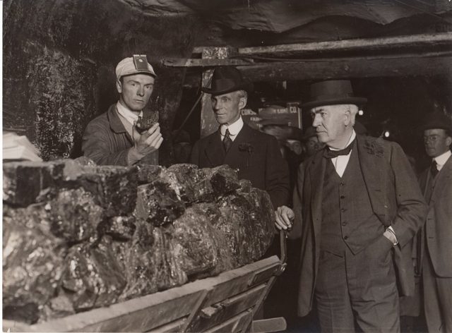 Thomas Edison and Henry Ford at the Rock Springs, Wyoming, coal mine exhibit in the Palace of Mines and Metallurgy