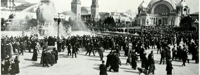 Opening-day crowds in the South Gardens, by the Fountain of Energy
