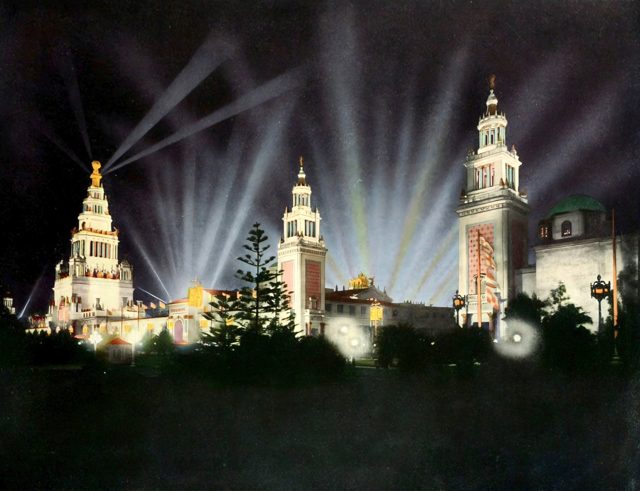 The Tower of Jewels and Italian towers illuminated