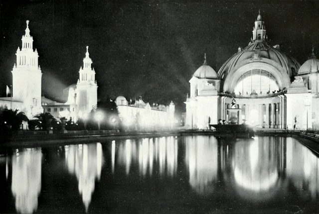 Festival Hall and the South Gardens pool at night