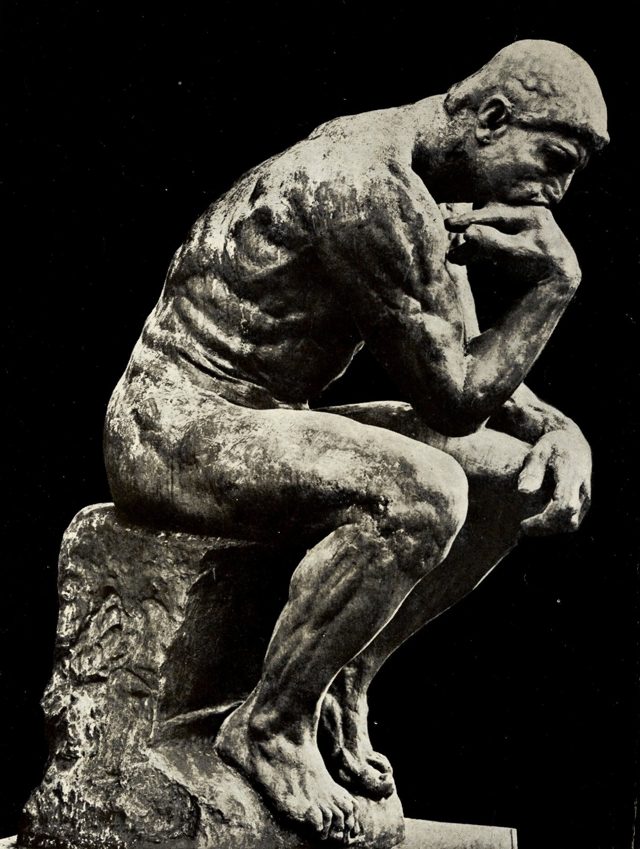 Rodin's The Thinker, in the Palace of Fine Arts colonnade