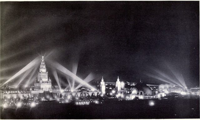 The main group of exhibit palaces at night