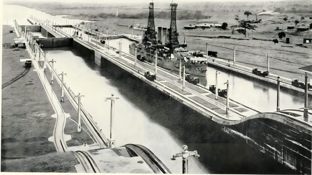 The U.S.S. Ohio passing through the Gatun Locks, July 15, 1915, on her way to the Exposition
