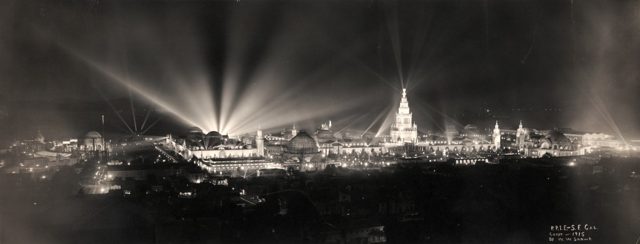Night view of Panama-Pacific International Exposition grounds, San Francisco, California