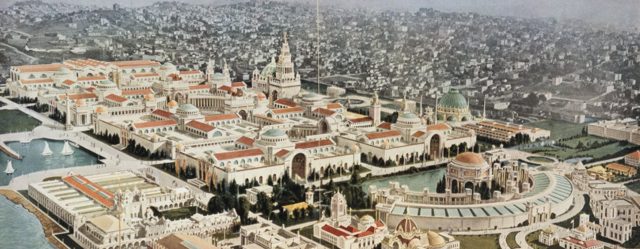 Aeroplane view of the main group of exhibit palaces, a printed aerial view