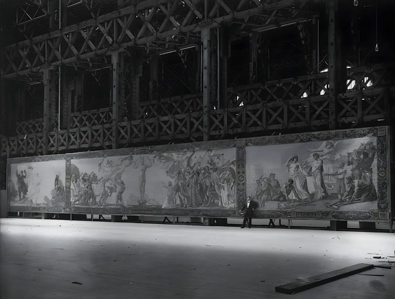 William de Leftwich Dodge with half of his mural for the Tower of Jewels