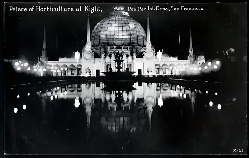 Night view of the Palace of Horticulture, its dome lit from within