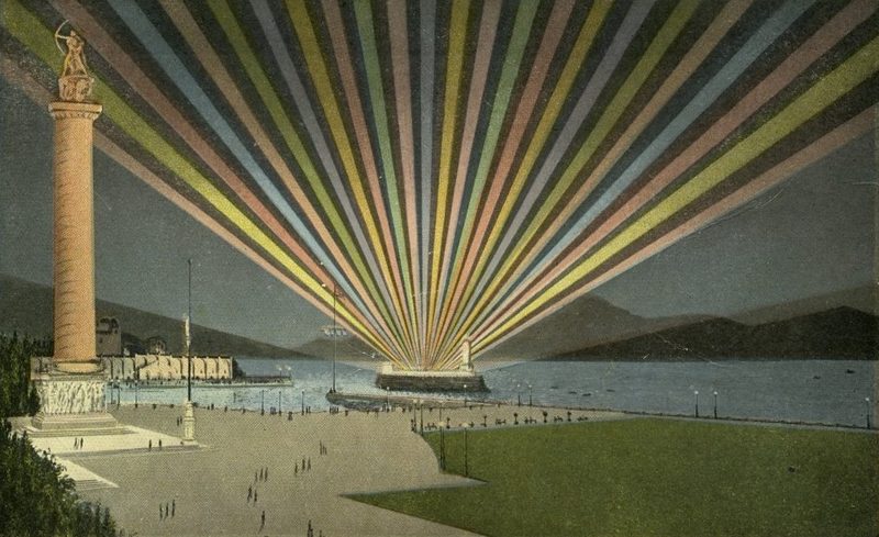 Postcard: the Scintillator's beams behind the 'Tower of Progress'