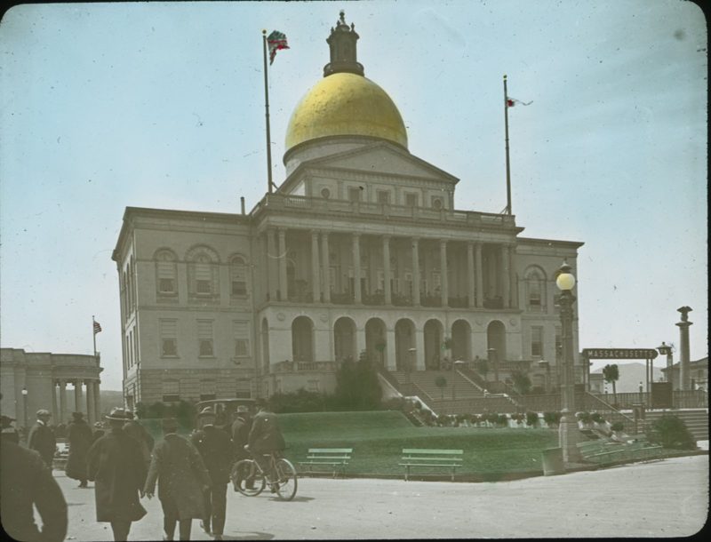 Hand-colored lantern slide of the Massachusetts Building and its gold dome