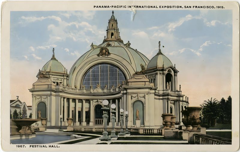 Festival Hall on a postcard sent from the United States to Træna, Norway