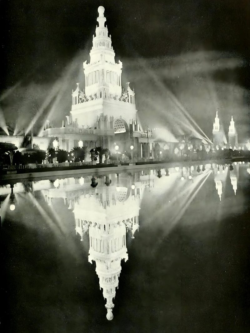 The Tower of Jewels at night, reflected