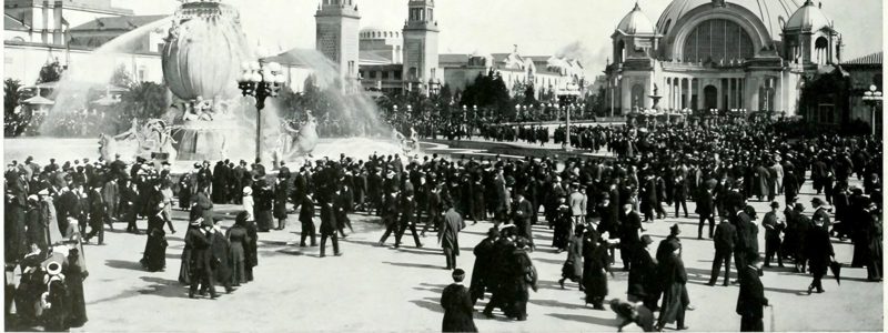 Opening-day crowds in the South Gardens, by the Fountain of Energy