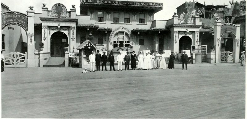 Infant Incubators with living infants, Martin Couney's concession, and its staff