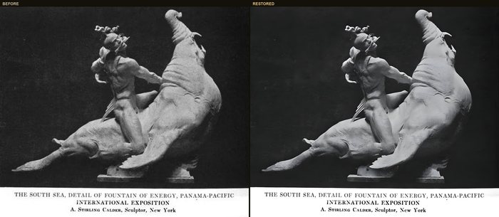 Before and after restoration: a South Sea figure on Calder's Fountain of Energy