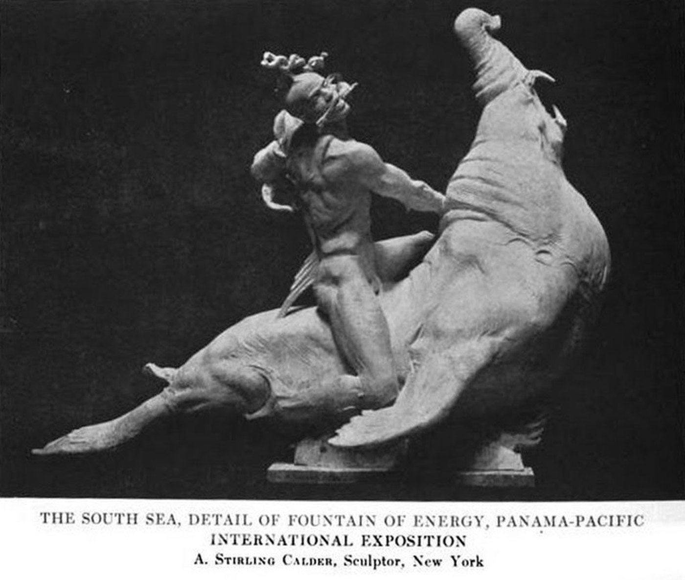 A South Sea figure on Calder&rsquo;s Fountain of Energy. The grain on the left is the scan, not the plaster, before restoration